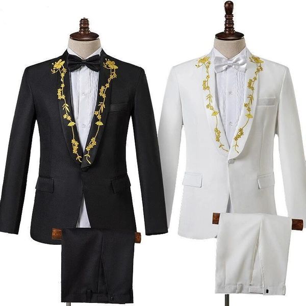 men's suits & blazers black/white men wedding gold embroidered elegant tuxedo suit set prom stage costume mens with pant male, White;black
men's suits & blazers black/white men wedding gold embroidered elegant tuxedo suit set prom stage costume mens with pant male, White;black