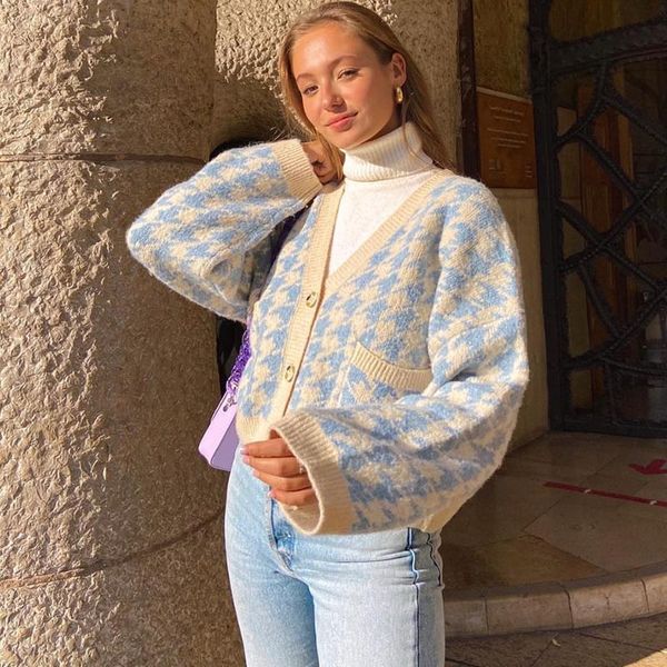 women's knits & tees plaid print cardigan women sweaters houndstooth knitted sweater v neck casual crop vintage loose coats knitwear, White
women's knits & tees plaid print cardigan women sweaters houndstooth knitted sweater v neck casual crop vintage loose coats knitwear, White