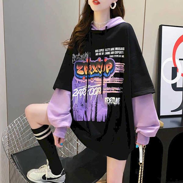 korean version of loose fake two-piece sweatshirt women hooded autumn mid-length student all-match jacket trend 210526, Black 
korean version of loose fake two-piece sweatshirt women hooded autumn mid-length student all-match jacket trend 210526, Black