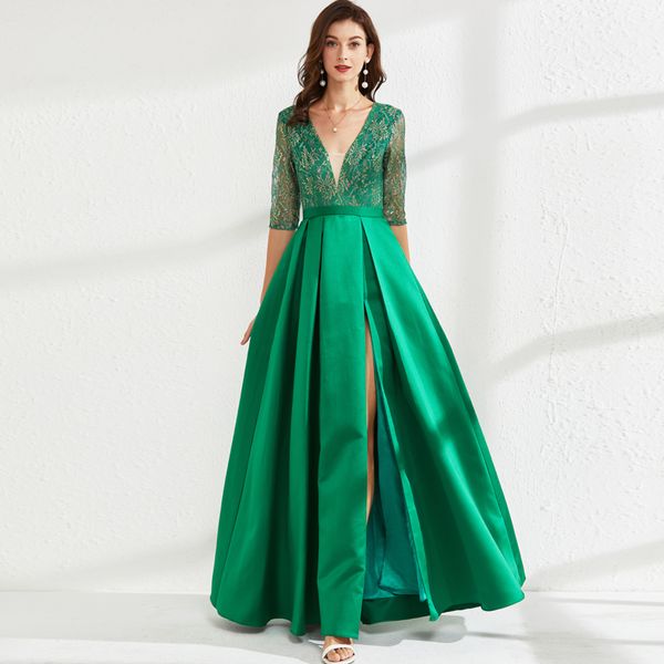 women's evening party dresses v neck 3/4 sleeves split ruched lace patchwork ball gown long maxi dress vestidos, White;black
women's evening party dresses v neck 3/4 sleeves split ruched lace patchwork ball gown long maxi dress vestidos, White;black