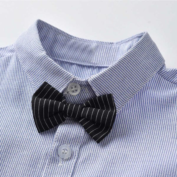summer stripe men's short sleeve shirt bow strap shorts gentleman suit children's fashion two piece set, Blue 
summer stripe men's short sleeve shirt bow strap shorts gentleman suit children's fashion two piece set, Blue