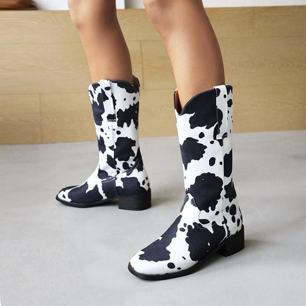 boots russian foreign trade large size 35-48 middle heel women's retro soft cow, Black