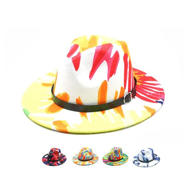 2021 tie dye colorful fedora jazz hat women classic belt flat wide brim panama wool men fedora keep warm hats, Blue;gray
2021 tie dye colorful fedora jazz hat women classic belt flat wide brim panama wool men fedora keep warm hats, Blue;gray