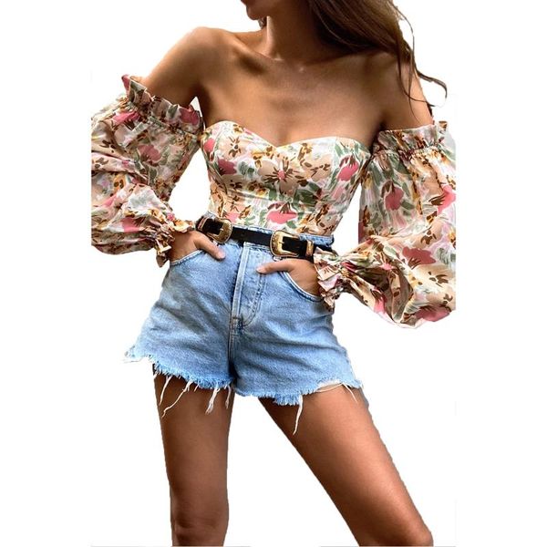 women's t-shirt summer women off shoulder frill long lantern sleeve floral print corset stylish t-shirts 5 colors, White
women's t-shirt summer women off shoulder frill long lantern sleeve floral print corset stylish t-shirts 5 colors, White