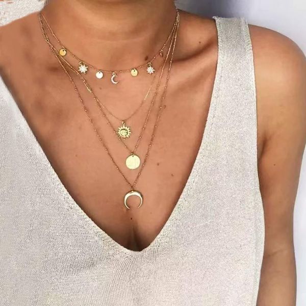 pendant necklaces gold sun moon star multi layer collar statement chain neckalce for women choker jewelry accessories gift wholesale, Silver
pendant necklaces gold sun moon star multi layer collar statement chain neckalce for women choker jewelry accessories gift wholesale, Silver