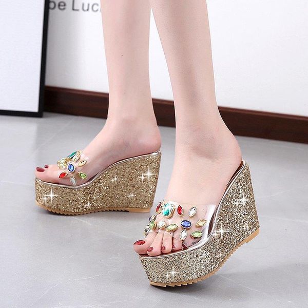 jewelry designer 9cm slope heel slippers ladies platform high sequined summer women's shoes sandalias mujer, Black