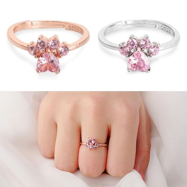 cluster rings women crystal cz bear print ring cute pet dog cat footprint open adjustable female romantic wedding love gift, Golden;silver