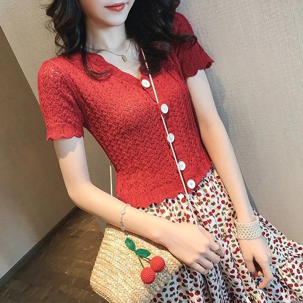 women's t-shirt women v neck short sleeve front buttons knitted cardigan crop summer vintage knitwear tee female hollow crochet tsh, White
women's t-shirt women v neck short sleeve front buttons knitted cardigan crop summer vintage knitwear tee female hollow crochet tsh, White