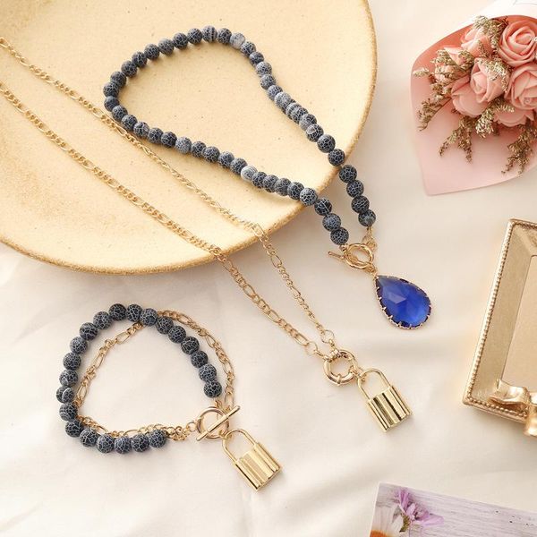 pendant necklaces 3 piece set bracelet necklace decoration natural stone lock lady creative clavicle chain girl gift, Silver
pendant necklaces 3 piece set bracelet necklace decoration natural stone lock lady creative clavicle chain girl gift, Silver