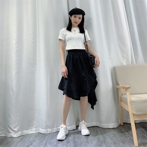 summer arrival elastic high waist slim simple white irregular temperament women a-line long skirt 210527, Black