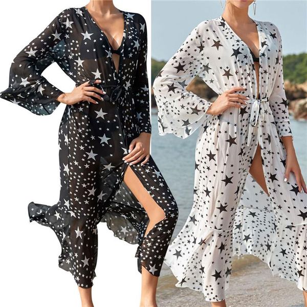 women female cover-ups beach dress star print long sleeve one-piece bikini covers with waist belt summer wear swim suit women's swimwea, White;black
women female cover-ups beach dress star print long sleeve one-piece bikini covers with waist belt summer wear swim suit women's swimwea, White;black