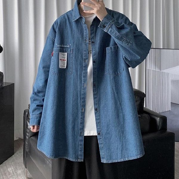 men's casual shirts korean style trendy brand denim long-sleeved shirt loose embroidered jacket button up harajuku, White;black
men's casual shirts korean style trendy brand denim long-sleeved shirt loose embroidered jacket button up harajuku, White;black