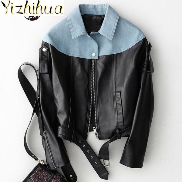 women's leather & faux sheepskin designer women genuine jacket harajuku denim spliced coat belted short streetwear moto biker coats, Black
women's leather & faux sheepskin designer women genuine jacket harajuku denim spliced coat belted short streetwear moto biker coats, Black