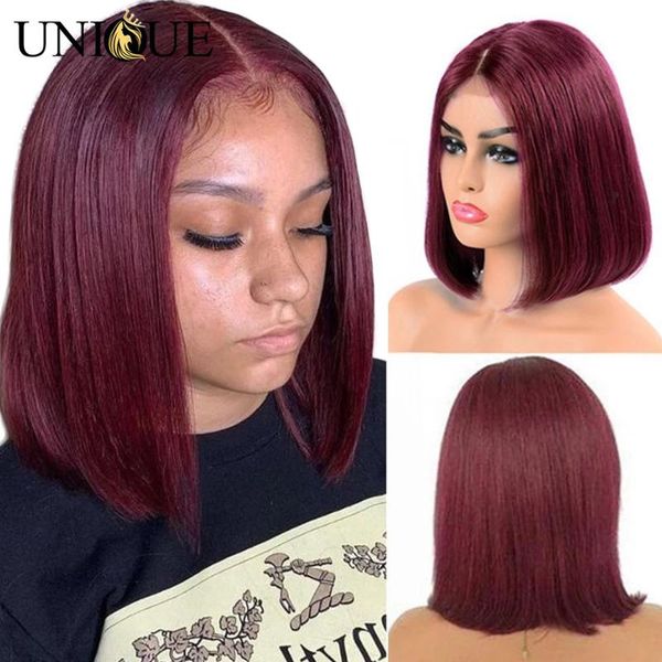 straight short bob wigs t part lace wig 13x5x1 burgundy front human hair, Black;brown