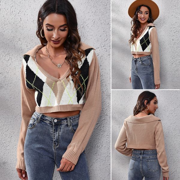 european american new women's knits & tees rhombic color matching long sleeve knitted sweater loose autumn winter clothing, White
european american new women's knits & tees rhombic color matching long sleeve knitted sweater loose autumn winter clothing, White