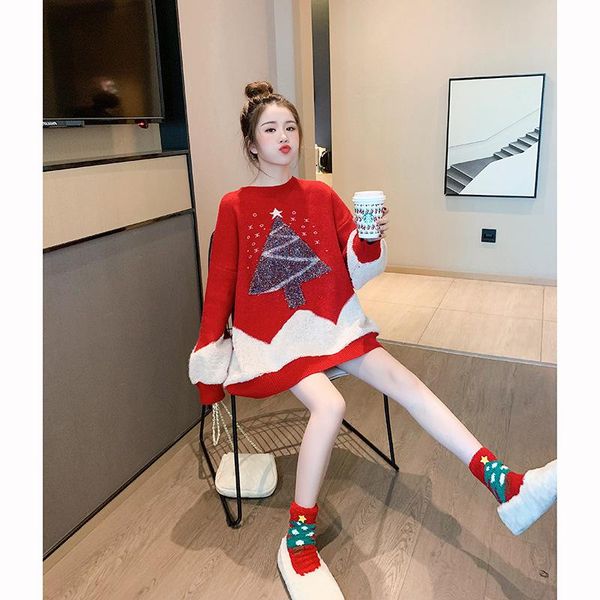 women's sweaters autumn and winter knitted sweater mid-length loose pullover color-blocking embroidery christmas women, White;black
women's sweaters autumn and winter knitted sweater mid-length loose pullover color-blocking embroidery christmas women, White;black