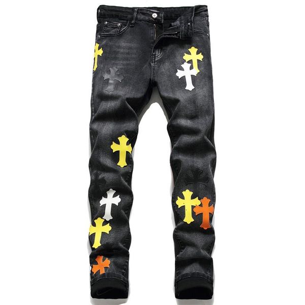european and american men's micro-stretch jeans embroidered small straight trendy patches designer pants, Blue
european and american men's micro-stretch jeans embroidered small straight trendy patches designer pants, Blue