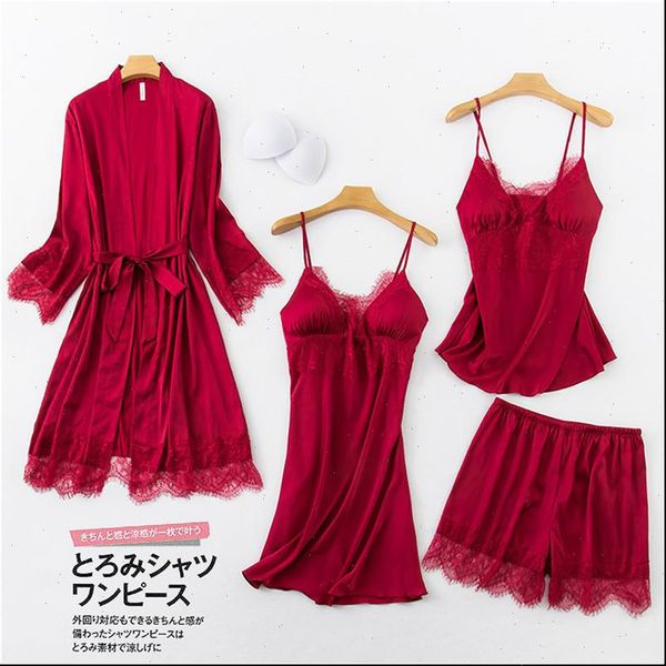 satin pijamas mujer pajama set women sleepwear 4 pcs lace lingerie pyjamas nightwear silk home clothes lounge wear, Black;red
satin pijamas mujer pajama set women sleepwear 4 pcs lace lingerie pyjamas nightwear silk home clothes lounge wear, Black;red