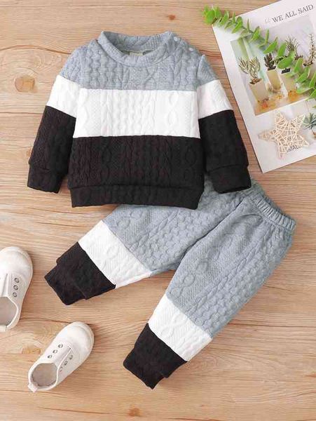 baby color block cable textured pullover & sweatpants she, White 
baby color block cable textured pullover & sweatpants she, White