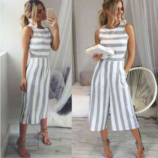 high street women sleeveless wide striped jumpsuit casual clubwear side hollow wide leg pants outfits, Black;white 
high street women sleeveless wide striped jumpsuit casual clubwear side hollow wide leg pants outfits, Black;white