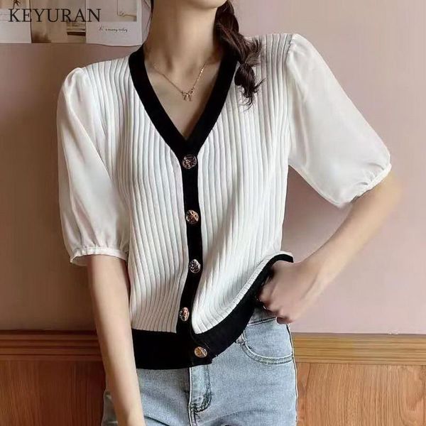 women's knits & tees knitted thin women sweater 2021 summer korean chic v-neck single-breasted chiffon short puff sleeve patchwork card, White
women's knits & tees knitted thin women sweater 2021 summer korean chic v-neck single-breasted chiffon short puff sleeve patchwork card, White