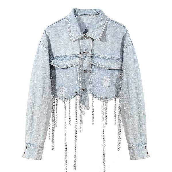 women's jackets punk metal chain tassel denim women long sleeve short design coats autumn blue coat for, Black;brown
women's jackets punk metal chain tassel denim women long sleeve short design coats autumn blue coat for, Black;brown