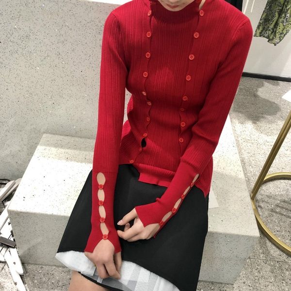 sweater 2021 spring skin-friendly super stretch christmas red small buckle slim slimming knit women 7k5z, White;black