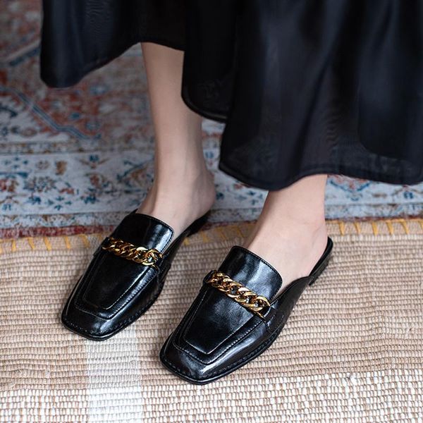 vintage shoes for women metal chain decoration low heels pumps genuine leather mules summer working basic sandals slippers, Black
vintage shoes for women metal chain decoration low heels pumps genuine leather mules summer working basic sandals slippers, Black