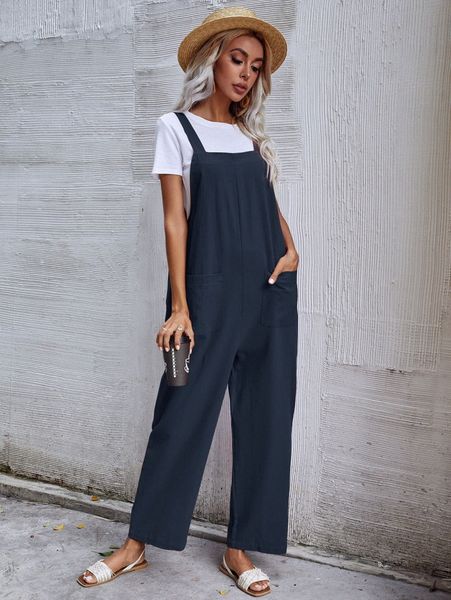 dual pocket solid overall jumpsuit without tee q9p9#, White 
dual pocket solid overall jumpsuit without tee q9p9#, White