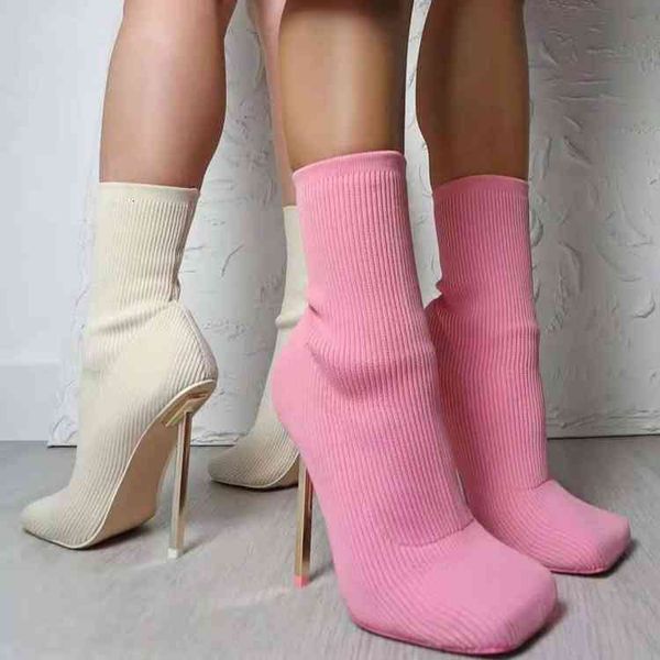sock women boots green knitted short ankle boot high heels square toes autumn winter ladies fashion shoes botas de mujer beige, Black