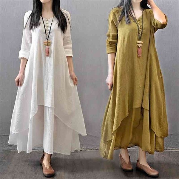 spring summer women long cotton linen dress white plus size false two pieces o-neck maxi dresses office casual loose dress 210325, Black;gray
spring summer women long cotton linen dress white plus size false two pieces o-neck maxi dresses office casual loose dress 210325, Black;gray