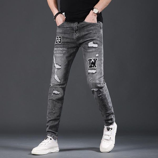 men ripped hole embroidery jeans fashion streetwear dark gray slim fit denim pants men's, Blue
men ripped hole embroidery jeans fashion streetwear dark gray slim fit denim pants men's, Blue