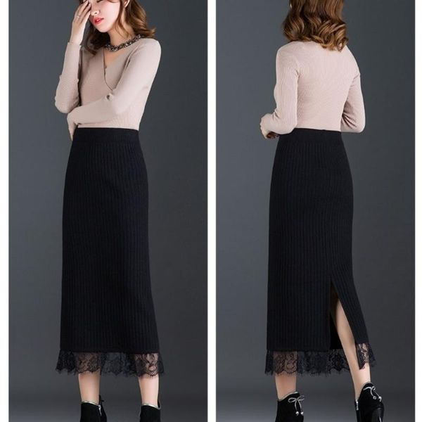 women's lace knitted autumn winter high waist slit wool skirt woman skirts mujer faldas saias mulher, Black
women's lace knitted autumn winter high waist slit wool skirt woman skirts mujer faldas saias mulher, Black