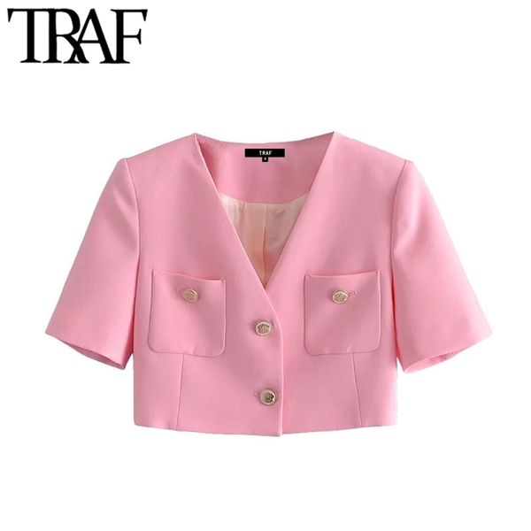 women fashion with pockets cropped blazer coat vintage v neck short sleeve female outerwear chic veste femme 210507, White;black
women fashion with pockets cropped blazer coat vintage v neck short sleeve female outerwear chic veste femme 210507, White;black