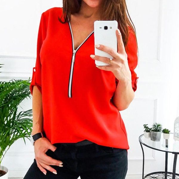 women 3/4 sleeve blouse v-neck zippers buttons solid casual slim fashion ladies shirts plus size 3xl 8l0781 women's blouses &, White
women 3/4 sleeve blouse v-neck zippers buttons solid casual slim fashion ladies shirts plus size 3xl 8l0781 women's blouses &, White