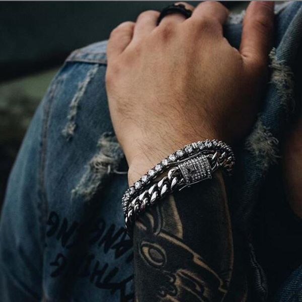 link, chain 2pcs/set miami mens rock bracelet bling iced out rhinestone clasp silver color stainless steel cuban hip hop jewelry, Black
link, chain 2pcs/set miami mens rock bracelet bling iced out rhinestone clasp silver color stainless steel cuban hip hop jewelry, Black
