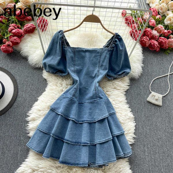 women design korean dress elegant square collar denim a line party dresses summer dress 210715, Black;gray
women design korean dress elegant square collar denim a line party dresses summer dress 210715, Black;gray