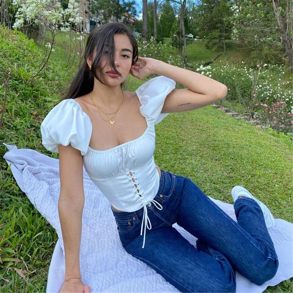women's t-shirt sleeve kawaii women crop summer square collar short solid color lace-up exposed navel high waist, White
women's t-shirt sleeve kawaii women crop summer square collar short solid color lace-up exposed navel high waist, White