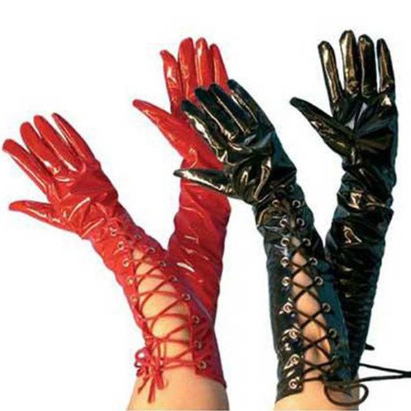 five fingers gloves punk rave women' metal strap handsome stetch lacquered black pu leather women long, Blue;gray