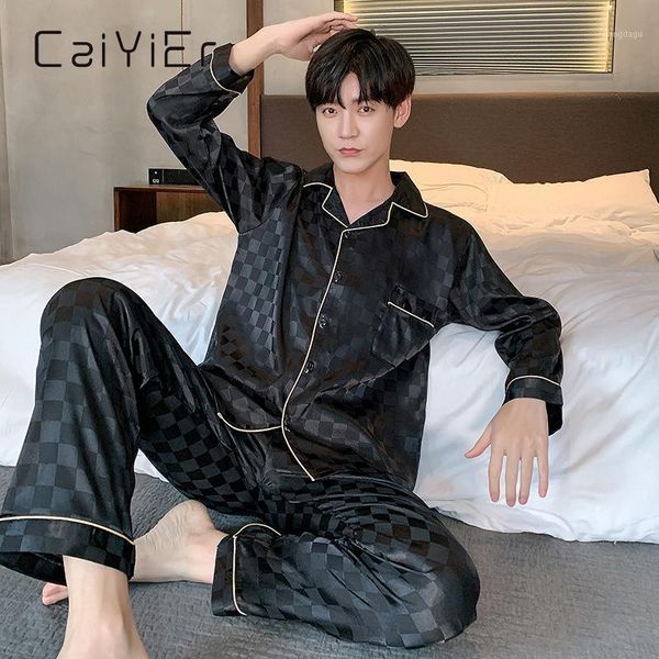 men's sleepwear caiyier autumn silk pyjamas set long sleeve trousers plaid satin home wear luxury nightwear, Black;brown
men's sleepwear caiyier autumn silk pyjamas set long sleeve trousers plaid satin home wear luxury nightwear, Black;brown