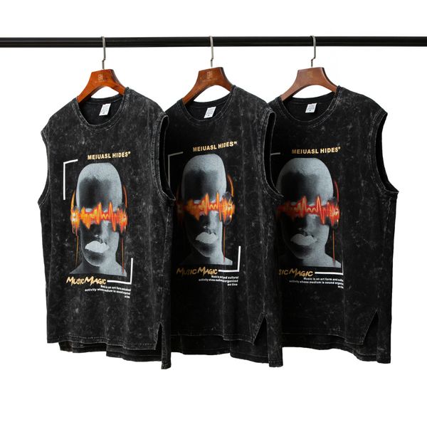 t shirt high street ins same oldschool portrait print men's sleeveless camille split wash vest, White;black
t shirt high street ins same oldschool portrait print men's sleeveless camille split wash vest, White;black