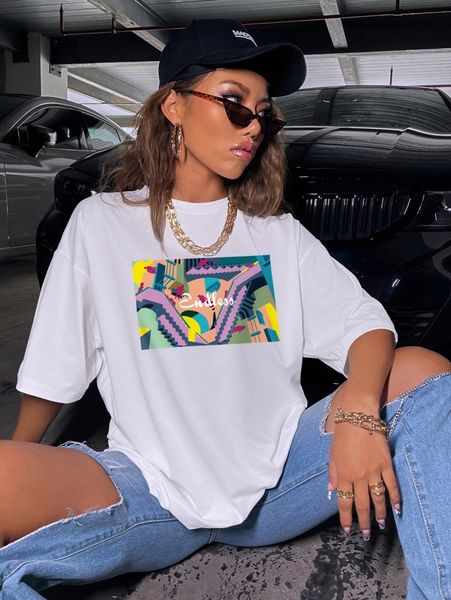letter & figure graphic drop shoulder tee 83va#, White