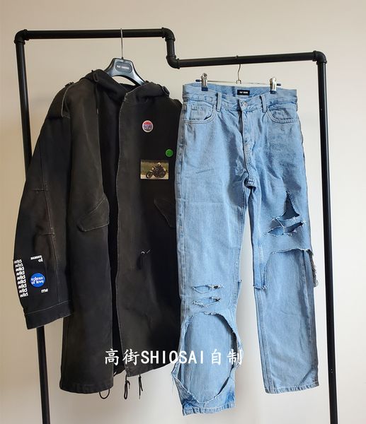 men's jeans shiosai homemade raf simons style stitched hole washed double-layer straight jeans, Blue
men's jeans shiosai homemade raf simons style stitched hole washed double-layer straight jeans, Blue