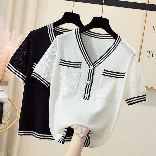 4xl plus size women stripe kint t-shirt loose casual short sleeve v neck summer thin sweater pullover jumper mujer 210604, White;black
4xl plus size women stripe kint t-shirt loose casual short sleeve v neck summer thin sweater pullover jumper mujer 210604, White;black