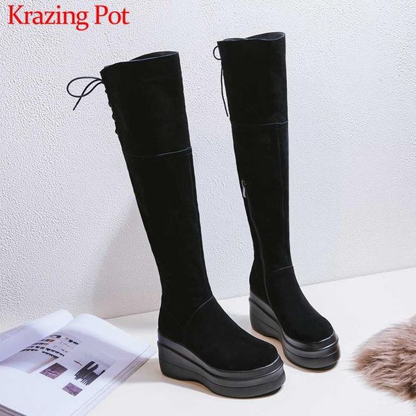 boots krazing pot high street fashion breathable cow suede round toe heels thick bottom winter warm lace up thigh l17, Black
boots krazing pot high street fashion breathable cow suede round toe heels thick bottom winter warm lace up thigh l17, Black