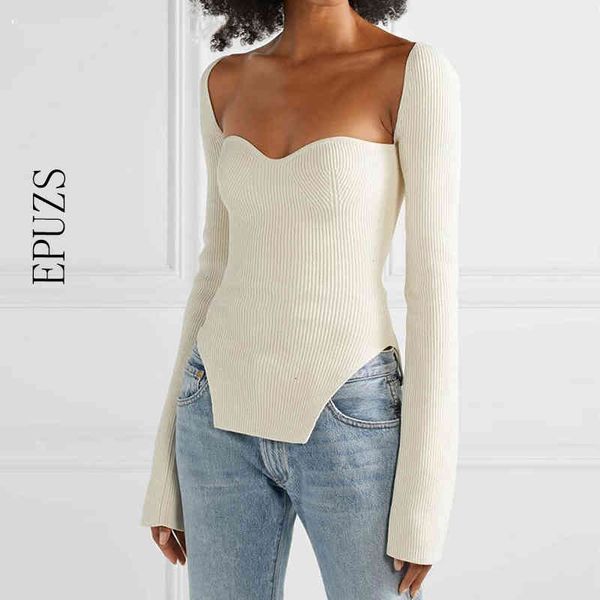 irregular white side split knitted women's sweater square collar long sleeve sweaters female autumn korean sweater 210430, White;black
irregular white side split knitted women's sweater square collar long sleeve sweaters female autumn korean sweater 210430, White;black