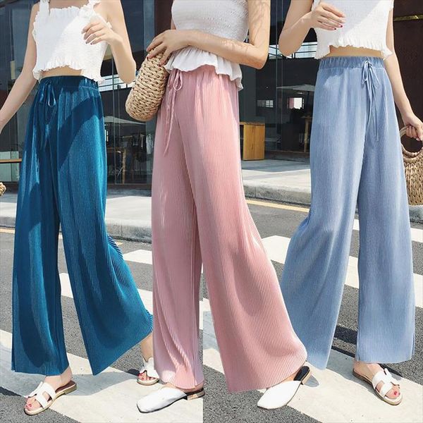 all match summer elegant womens capri solid color elastic waist wide leg ladies lace up ankle length soft long trousers, Black;white
all match summer elegant womens capri solid color elastic waist wide leg ladies lace up ankle length soft long trousers, Black;white