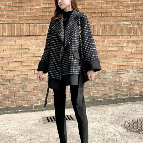 women's wool & blends women plaid woolen coats oversize 2021 arrival long loose waistband jacket, Black
women's wool & blends women plaid woolen coats oversize 2021 arrival long loose waistband jacket, Black