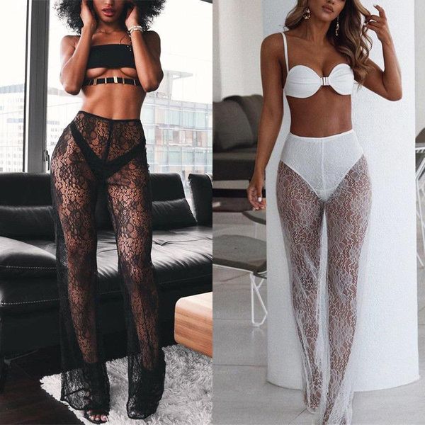 women's swimwear lace bikini cover up trousers perspective mesh sheer beach long pants high waist beachwear, White;black
women's swimwear lace bikini cover up trousers perspective mesh sheer beach long pants high waist beachwear, White;black