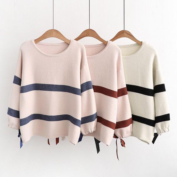 womail autumn and winter women's casual long sleeve stripe o-neck pullover sweater lady loose soft lace up knit jumper sweaters, White;black
womail autumn and winter women's casual long sleeve stripe o-neck pullover sweater lady loose soft lace up knit jumper sweaters, White;black